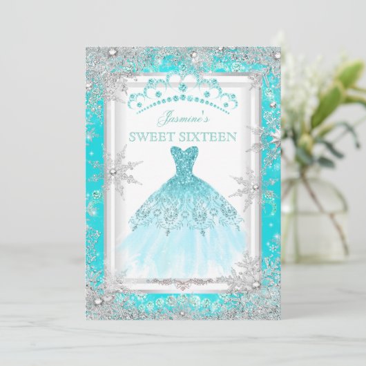 Blauwgroen Silver Winter Wonderland Sweet 16 Party Kaart (Staand voorkant)