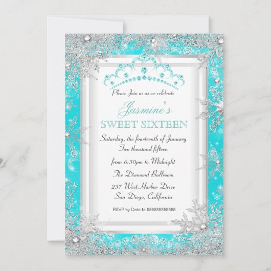 Blauwgroen Silver Winter Wonderland Sweet 16 Party Kaart (Achterkant)