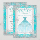 Blauwgroen Silver Winter Wonderland Sweet 16 Party Kaart (Voorkant / Achterkant)