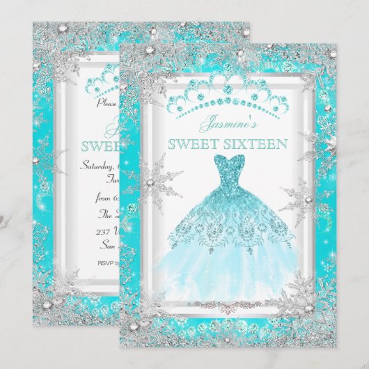 Blauwgroen Silver Winter Wonderland Sweet 16 Party Kaart (Voorkant / Achterkant)