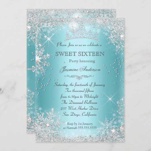 Blauwgroen Silver Winter Wonderland Sweet 16 Tiara Kaart (Voorkant / Achterkant)