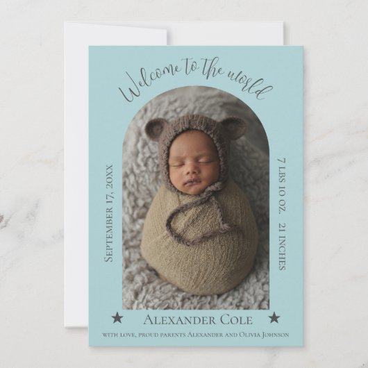 Blauwgroen Simple Arch Lijst Foto geboorteaankondi Aankondiging (Voorkant)