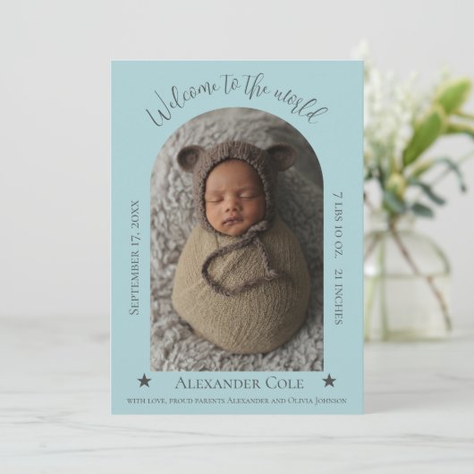 Blauwgroen Simple Arch Lijst Foto geboorteaankondi Aankondiging (Staand voorkant)