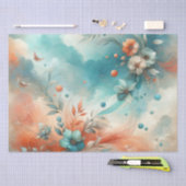 Blauwgroen, Sinaasappel, crème gedempt bloemenpatr Tissuepapier (Craft)