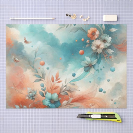 Blauwgroen, Sinaasappel, crème gedempt bloemenpatr Tissuepapier (Craft)