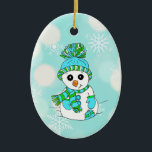 Blauwgroen sneeuwman en sneeuwvlokken vakantie ker keramisch ornament<br><div class="desc">Blauwgroen sneeuwman en sneeuwvlokken kerstversiering.</div>