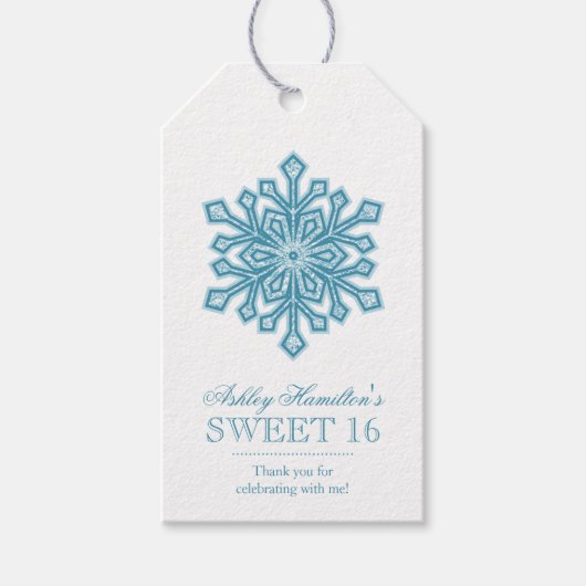 Blauwgroen Sneeuwvlok Faux Glitter Sweet 16 Winter Cadeaulabel (Voorkant)