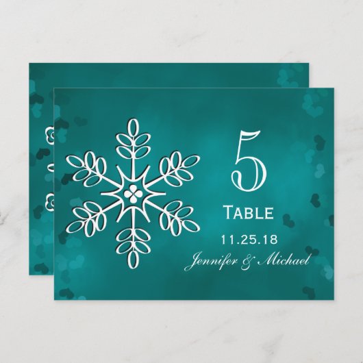 Blauwgroen Sneeuwvlok Trouwtafel Aantal Kaarten (Voorkant / Achterkant)