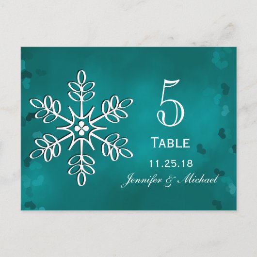 Blauwgroen Sneeuwvlok Trouwtafel Aantal Kaarten (Voorkant)