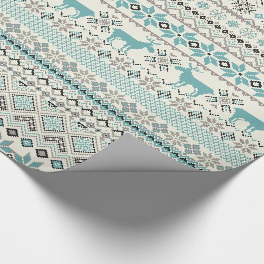 Blauwgroen sneeuwvlokken van bronzen aztec rendier cadeaupapier (Hoek)