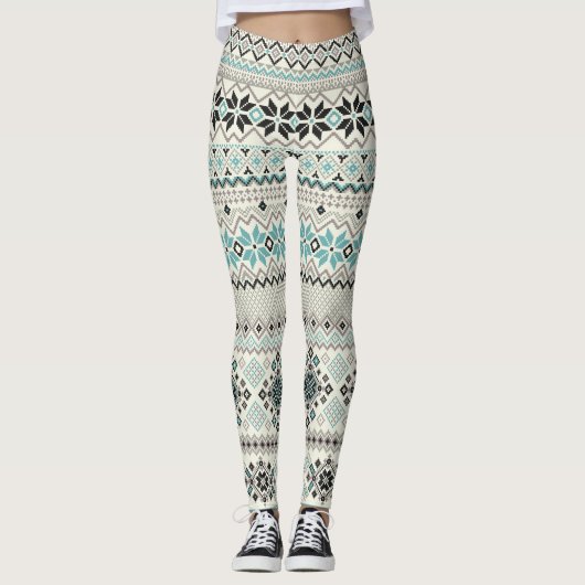Blauwgroen sneeuwvlokken van bronzen aztec rendier leggings (Voorkant)