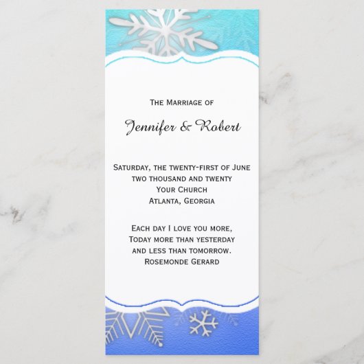 Blauwgroen Snowflake Bracket Winter Wedding Progra Programmakaart (Voorkant)