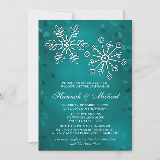 BLAUWGROEN SNOWFLAKE KOPPELS WEDDING SHOWER KAART (Voorkant)