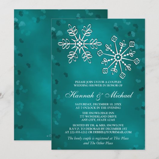 BLAUWGROEN SNOWFLAKE KOPPELS WEDDING SHOWER KAART (Voorkant / Achterkant)