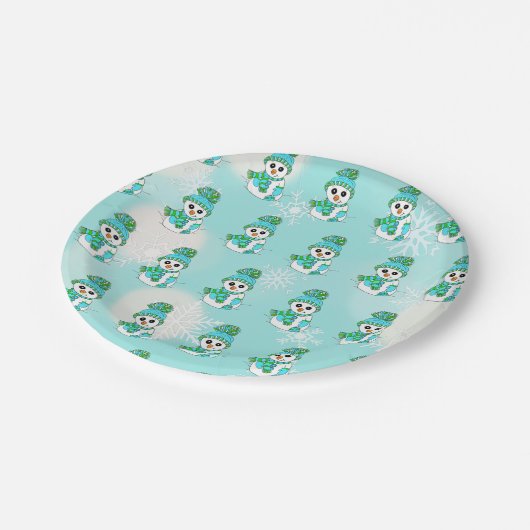 Blauwgroen Snowman en Snowflakes kerstvakantie Papieren Bordje (Gekanteld)