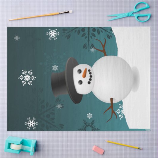 Blauwgroen Snowman Winter Scene-kerstcadeaupapier Tissuepapier (Craft)