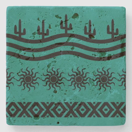 Blauwgroen Southwestern-design en zwart Robuust-On Stenen Onderzetter (Voorkant)