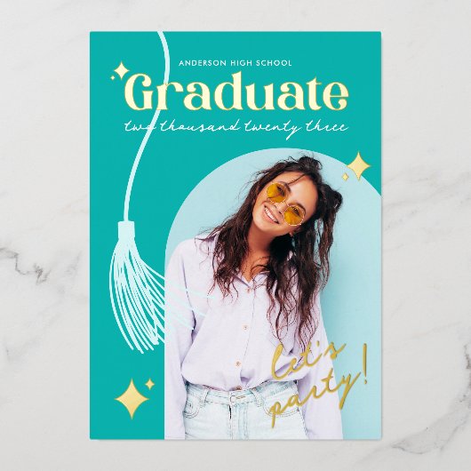 Blauwgroen Sparkle Afstuderen Folie Invi Folie Uitnodiging (Voorkant)