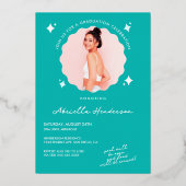 Blauwgroen Sparkle Afstuderen Folie Invi Folie Uitnodiging (Achterkant)