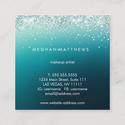 Blauwgroen Sparkle Beauty-stijllijst Vierkante Visitekaartje (Achterkant)