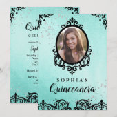 Blauwgroen Sparkle Damask Photo Quinceanera Kaart (Voorkant / Achterkant)