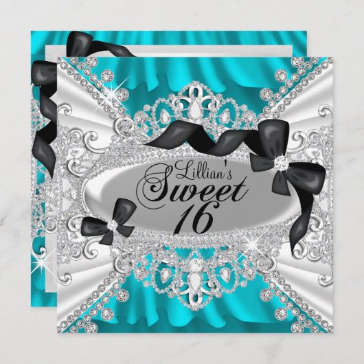 Blauwgroen Sparkle Diamond Bow Sweet 16 Invite Kaart (Voorkant / Achterkant)