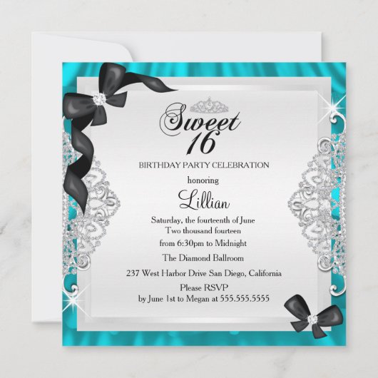 Blauwgroen Sparkle Diamond Bow Sweet 16 Invite Kaart (Achterkant)