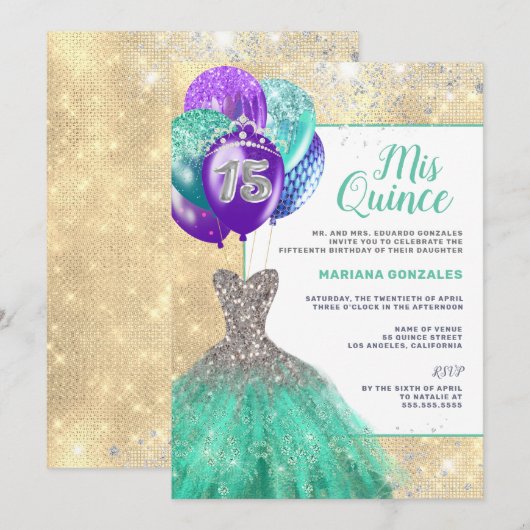 Blauwgroen Sparkle Dress Silver Glitter Mis Quince Kaart (Voorkant / Achterkant)