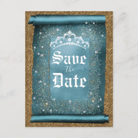 Blauwgroen Sparkle Gold Diamond Tiara Scroll Opsla Aankondigingskaart (Voorkant)