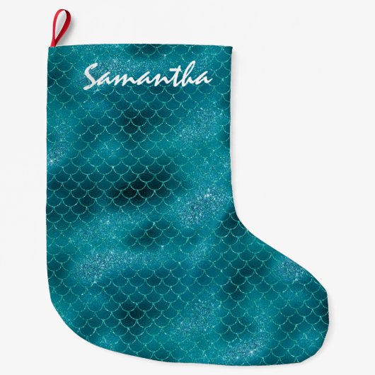 Blauwgroen Sparkle Mermaid gepersonaliseerd Grote Kerstsok (Voorkant)