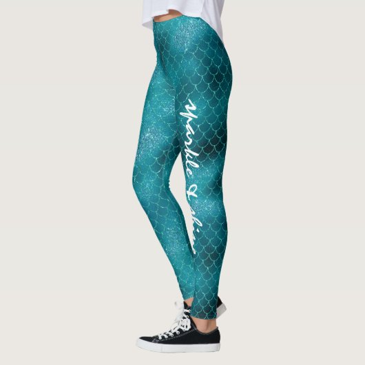 Blauwgroen Sparkle Mermaid gepersonaliseerd Leggings (Links)