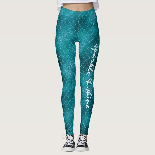 Blauwgroen Sparkle Mermaid gepersonaliseerd Leggings (Voorkant)