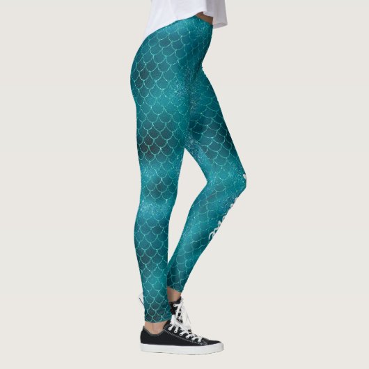 Blauwgroen Sparkle Mermaid gepersonaliseerd Leggings (Rechts)