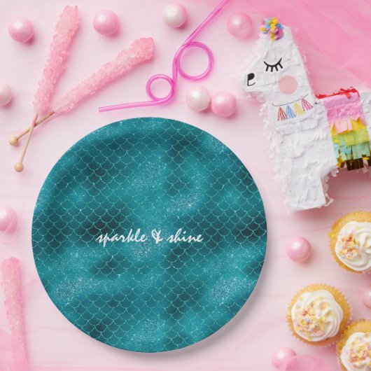 Blauwgroen Sparkle Mermaid gepersonaliseerd Papieren Bordje (Feest)