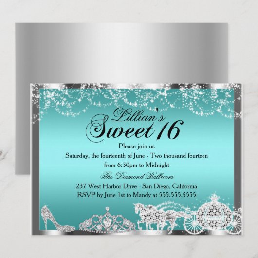 Blauwgroen Sparkle Princess Theme Sweet 16 Invite Kaart (Voorkant / Achterkant)