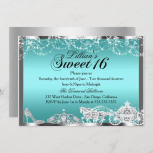 Blauwgroen Sparkle Princess Theme Sweet 16 Invite Kaart