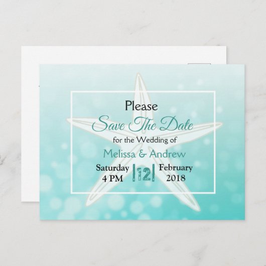 Blauwgroen staartroep met een trouwerij waarop de  aankondigingskaart (Voorkant / Achterkant)