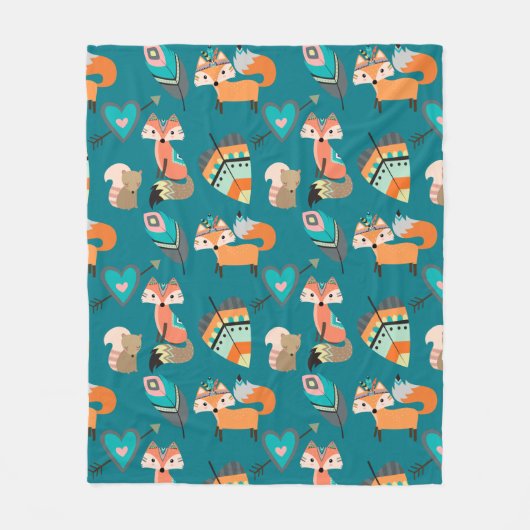 Blauwgroen stampatroon van Fox Fleece Deken (Voorkant)