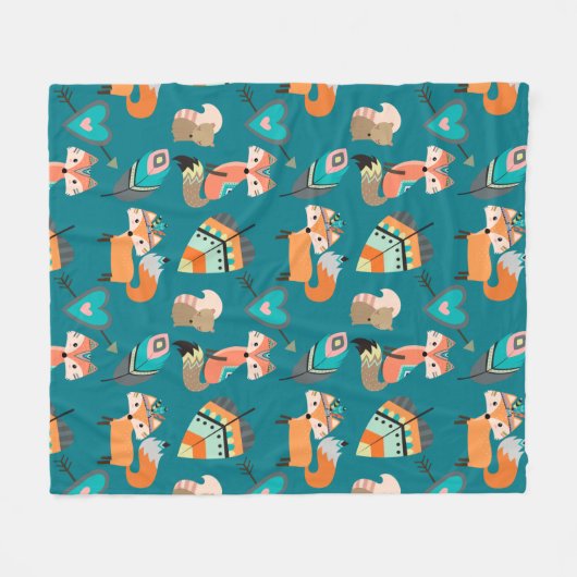 Blauwgroen stampatroon van Fox Fleece Deken (Voorkant (Horizontaal))