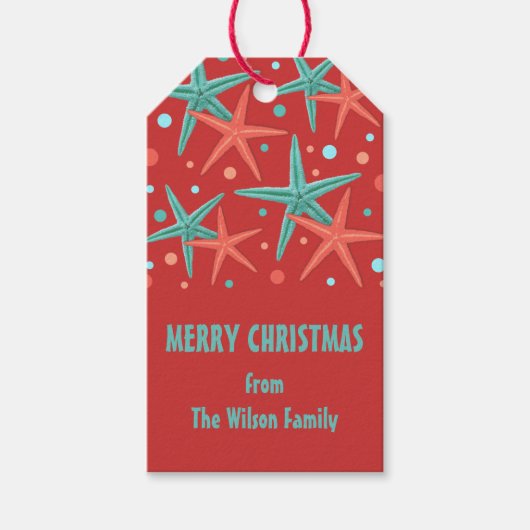 Blauwgroen Starfish and Stippen Red Holiday Gift L Cadeaulabel (Voorkant)