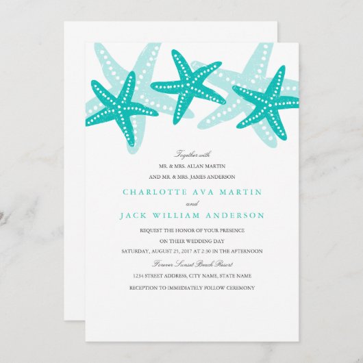 Blauwgroen Starfish Beach bruiloft uitnodiging (Voorkant / Achterkant)