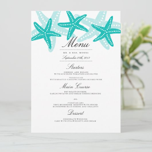 Blauwgroen Starfish Beach Wedding Dinner Menu (Staand voorkant)