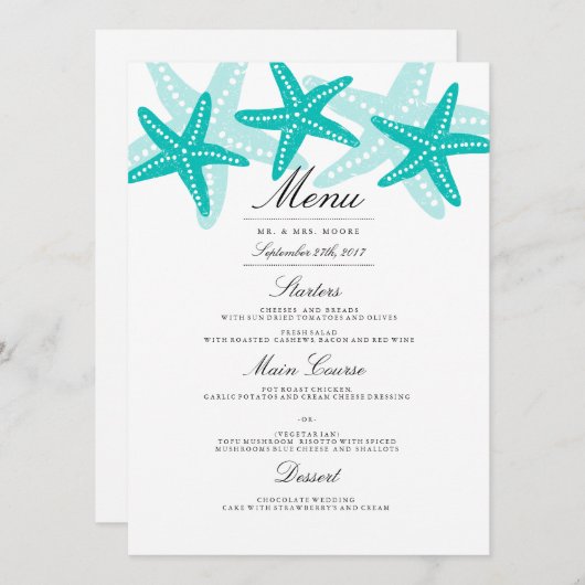 Blauwgroen Starfish Beach Wedding Dinner Menu (Voorkant / Achterkant)