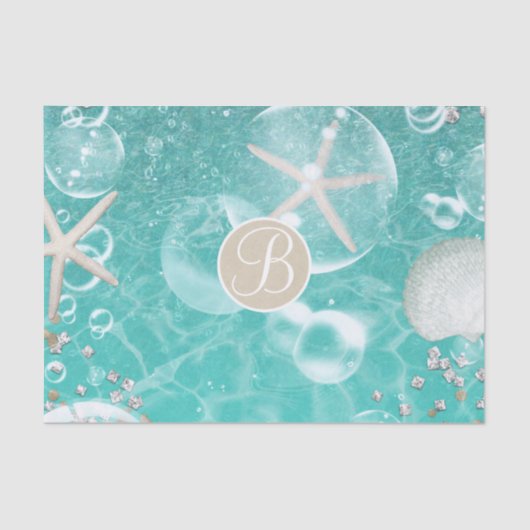 Blauwgroen Starfish & Bubbles Beach Monogram Initi Tissuepapier (Voorkant)