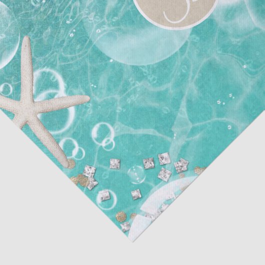 Blauwgroen Starfish & Bubbles Beach Monogram Initi Tissuepapier (Detail)