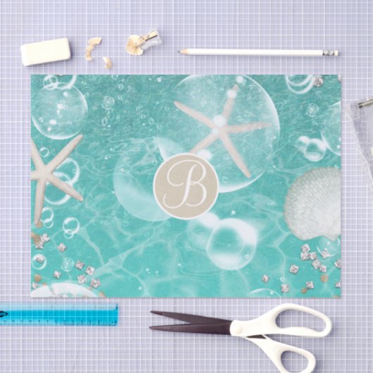 Blauwgroen Starfish & Bubbles Beach Monogram Initi Tissuepapier (Craft)