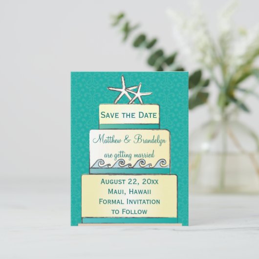 Blauwgroen Starfish Trouwtaart Save the Date Brief Aankondigingskaart (Staand voorkant)