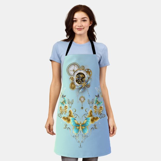 Blauwgroen Steampunk Grafische Kunst, Harmonieuze Schort (Gedragen)