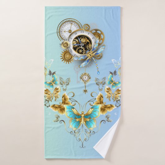 Blauwgroen Steampunk Graphic Art, Mechanical Seren Bad Handdoek (Badhanddoek)