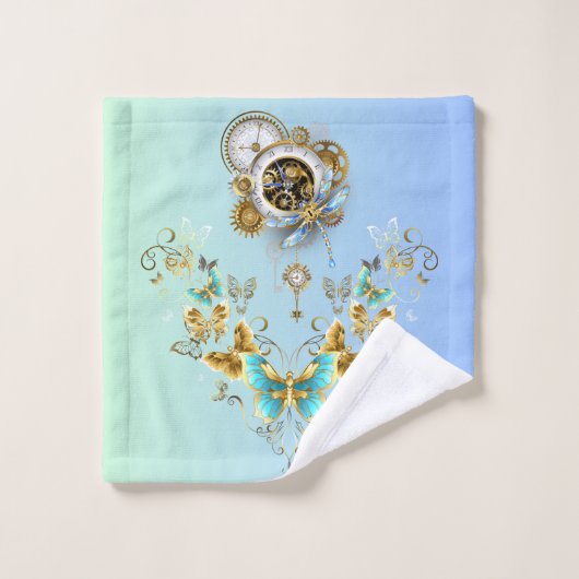 Blauwgroen Steampunk Graphic Art, Mechanical Seren Bad Handdoek (Wasdoekje)